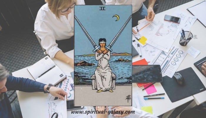 Two of swords. Tarot cards. Wind-haired woman with two swords crossed over  her chest, in the sea under the crescent moon. Stock Vector by  ©LaInspiratriz 294356296