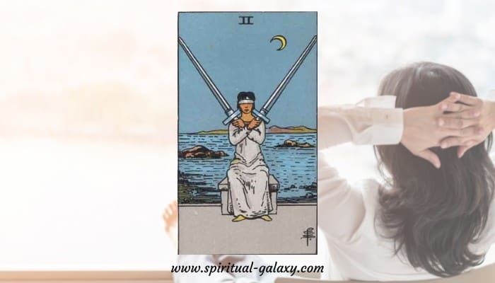 Two of swords. Tarot cards. Wind-haired woman with two swords crossed over  her chest, in the sea under the crescent moon. Stock Vector by  ©LaInspiratriz 294356296